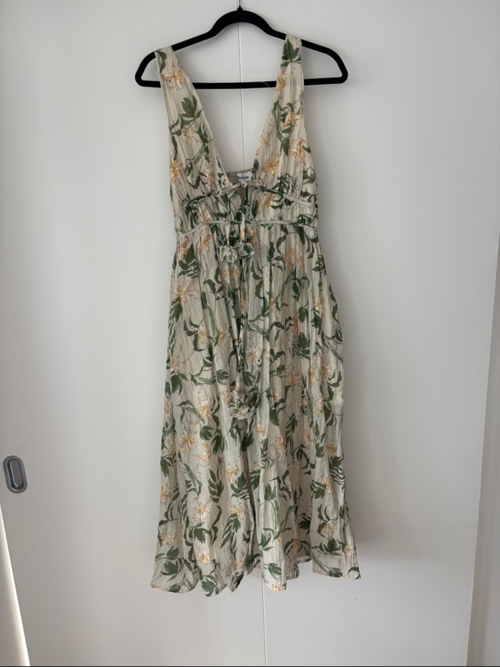 En Saison Cream Midi Dress with Green and Yellow Floral Print